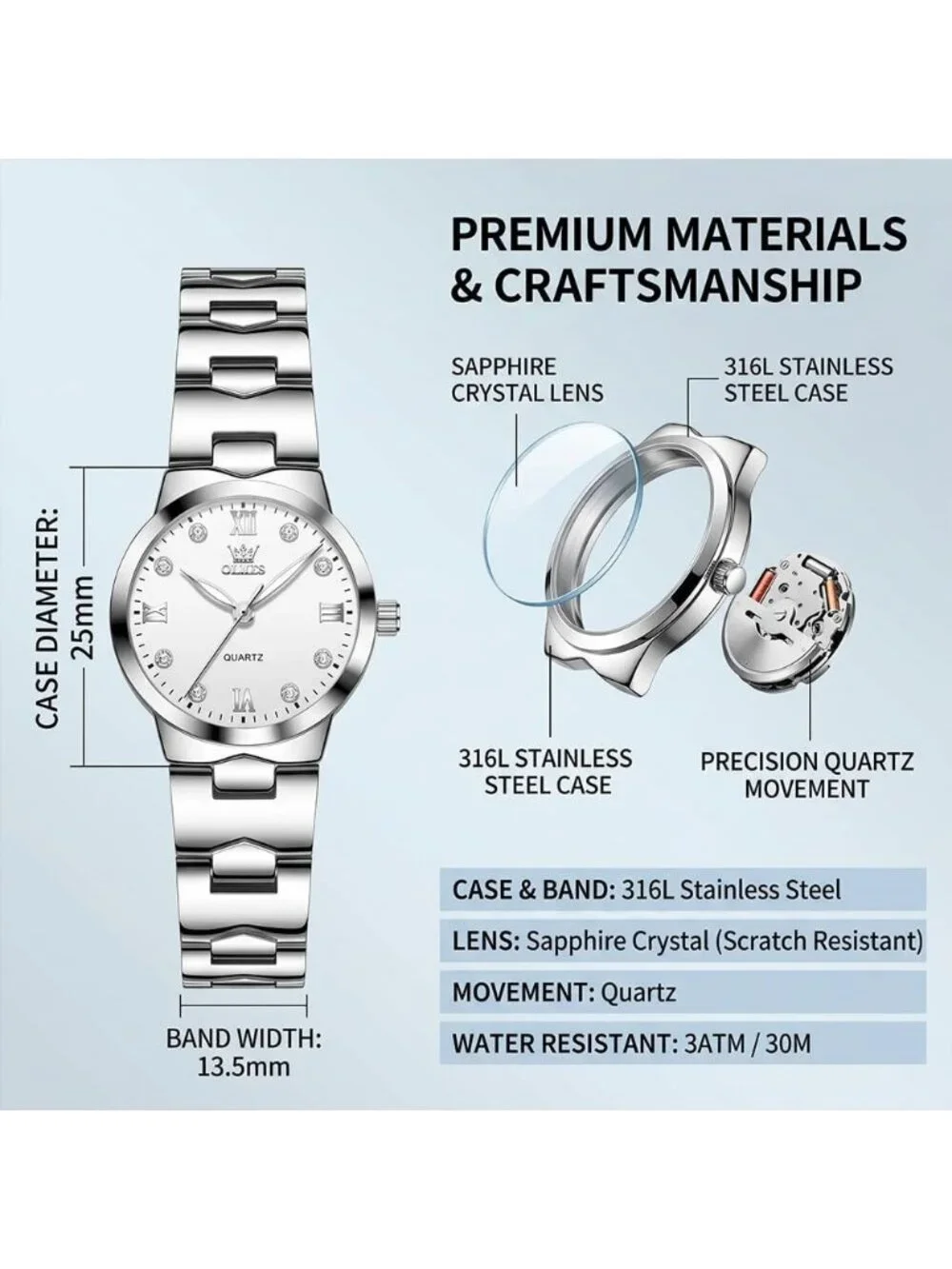 Women's Silver Analog Quartz Waterproof Stainless Steel Band Ladies Wrist Watch